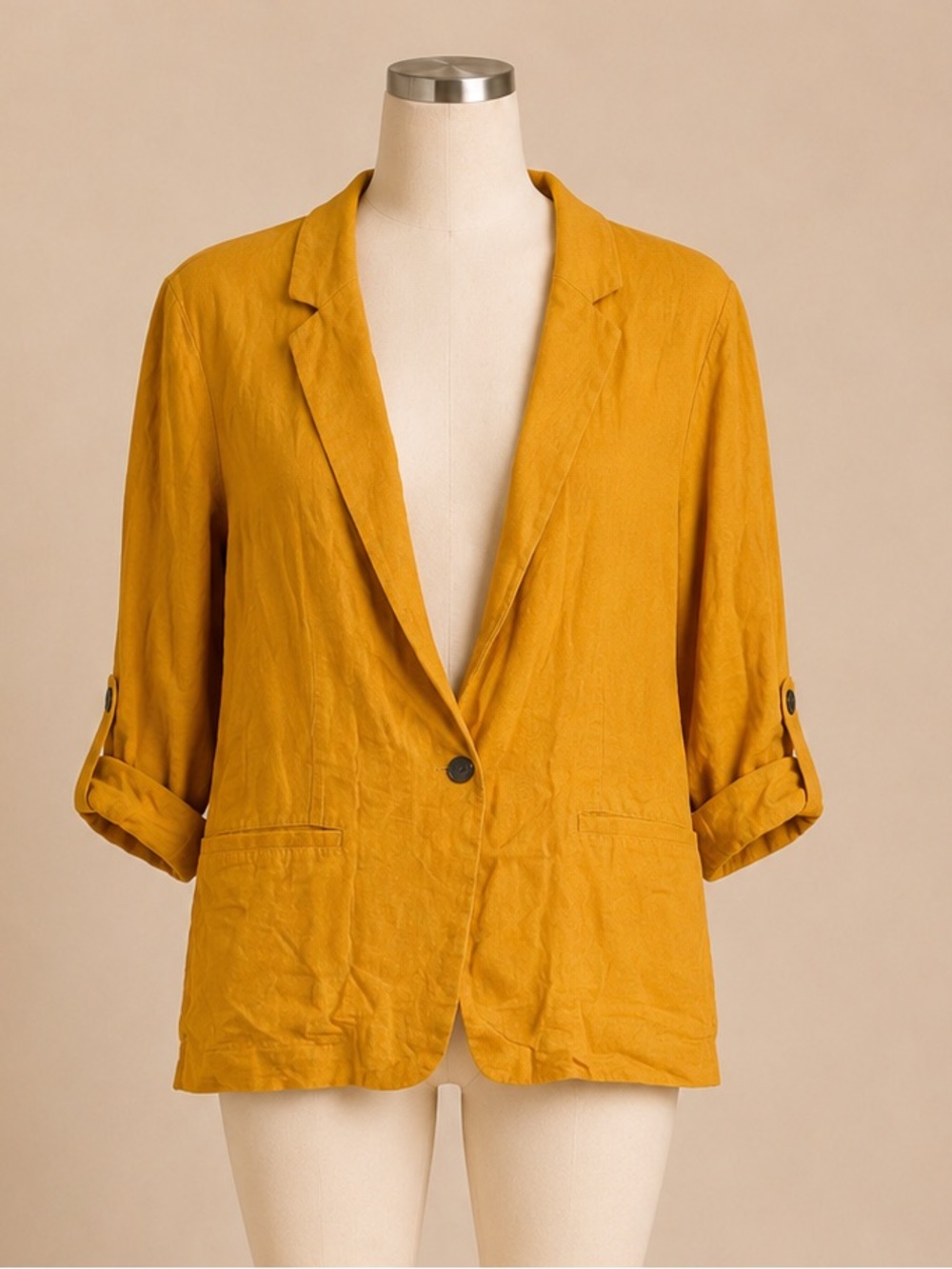 POPSUGAR Mustard Yellow Linen Blend Blazer XL Roll Tab Sleeve